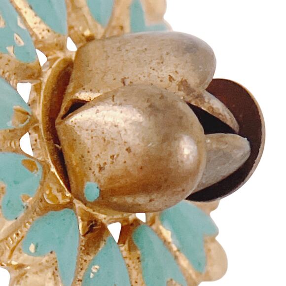 Vintage 1950s Earrings Aqua Enamel Rosebud Screw Back Mid Century Gold Tone - Picture 9 of 11